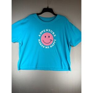 Life Is Good Womens XL Crusher Tee Blue Adventure Makes Me Happy Smiley Face